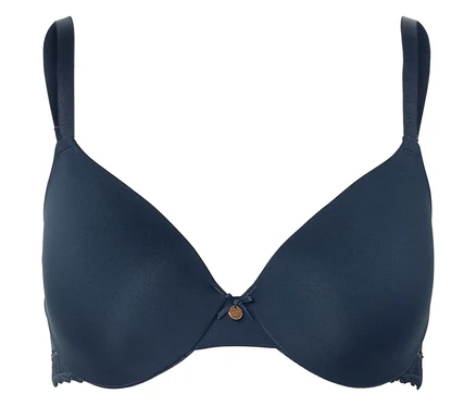 Marineblauer BH mit schmalen Trägern und kleinem Zierdetail in der Mitte.