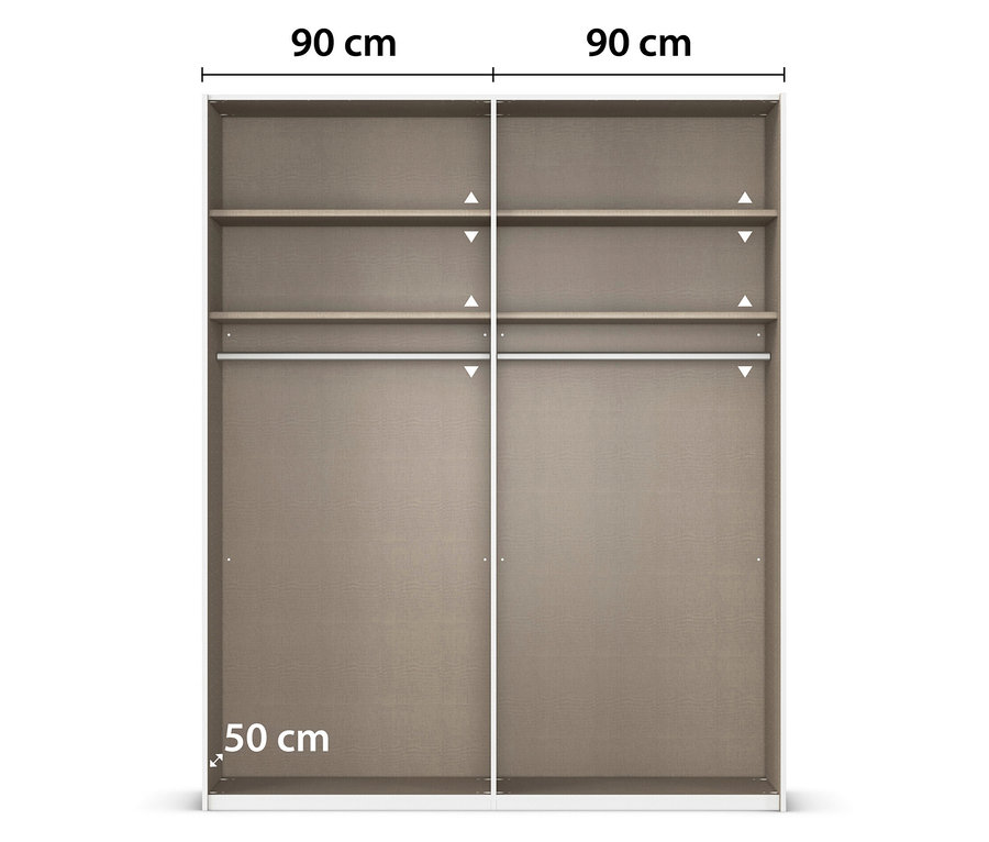 Draufsicht auf einen zweitürigen Kleiderschrank mit Einlegeböden und Kleiderstange, Maße sind eingezeichnet.