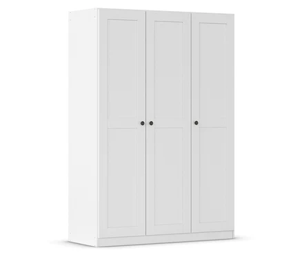 Weißer Kleiderschrank mit drei Türen und schwarzen runden Griffen.
