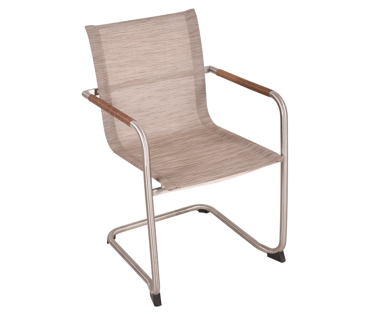 Ein einzelner »Nova« Freischwinger mit braunen Armlehnen und silberfarbenem Gestell steht auf einem weißen Hintergrund.