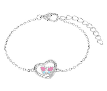 Silbernes Armband mit Herzanhänger mit blau-rosa Schmetterling.
