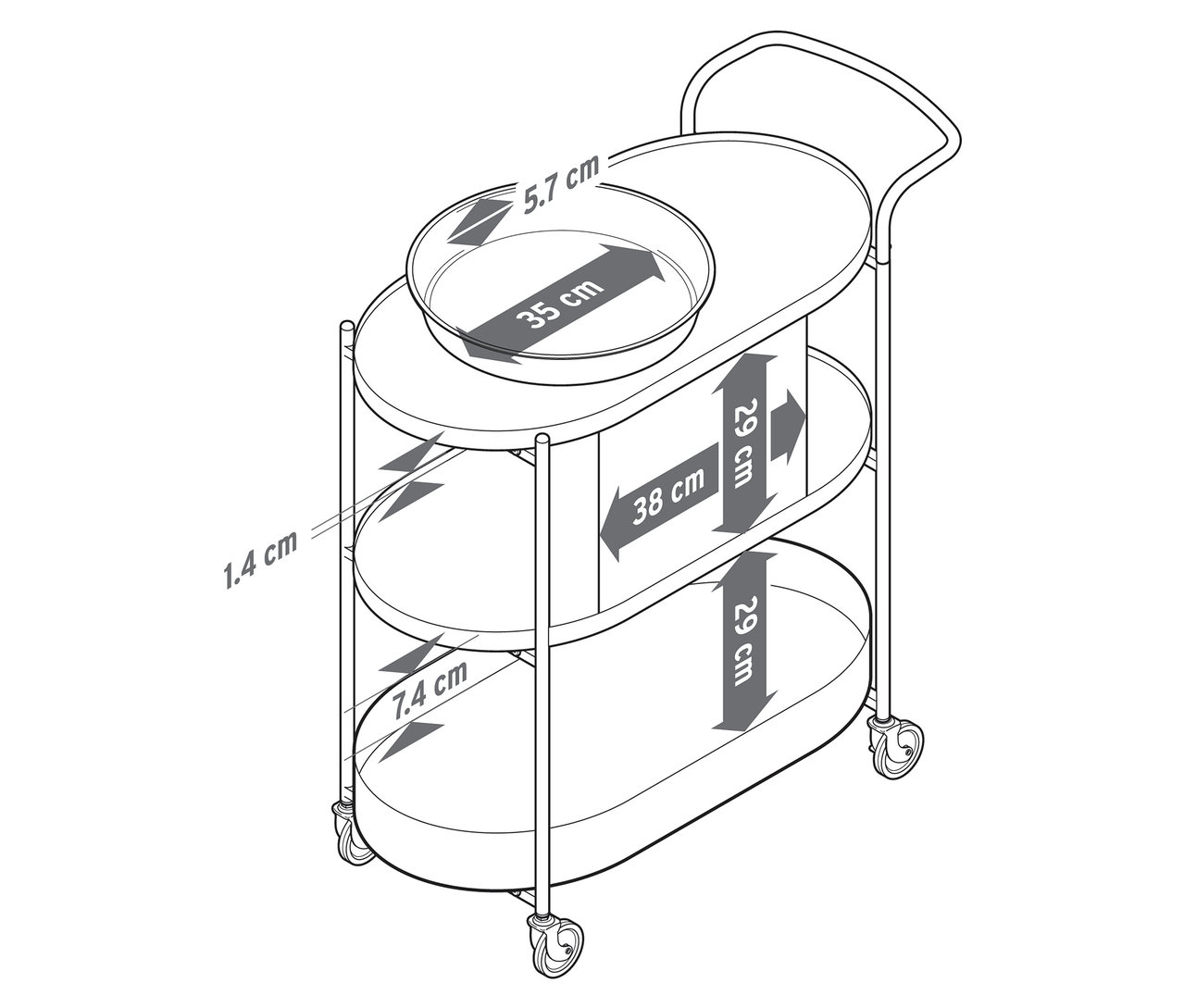 Abbildung eines Servierwagens mit Tablett und Maßangaben.