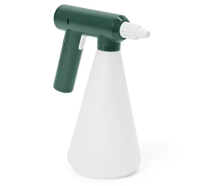 Grüne Sprühflasche mit weißem Behälter.