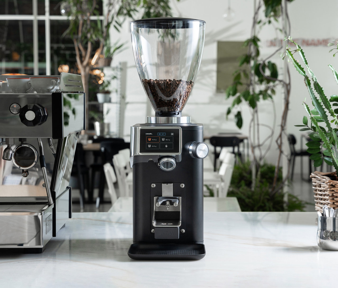 Eine Kaffeemühle und eine Espressomaschine stehen auf einer Marmoroberfläche.