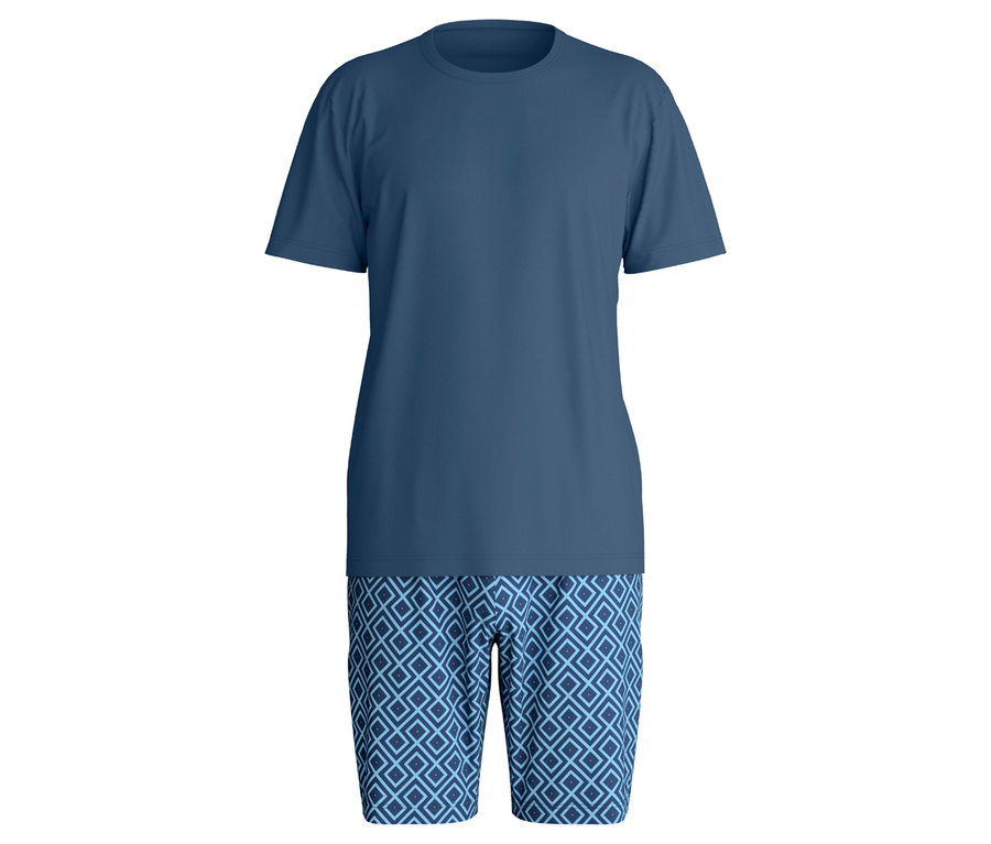 Blaues Pyjama-Set, bestehend aus einem T-Shirt und Shorts mit geometrischem Muster.