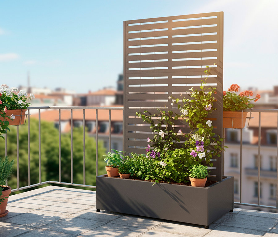 Auf einem Balkon steht ein dunkelgrauer Pflanzkasten mit verschiedenen Pflanzen und Kräutern davor ein grauer Sichtschutz.
