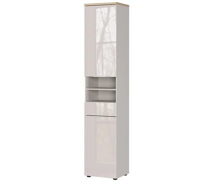Ein hochglänzender, schmaler, grauer Badezimmerschrank mit einer Holzakzentoberseite, offenen Regalen und Schranktüren.