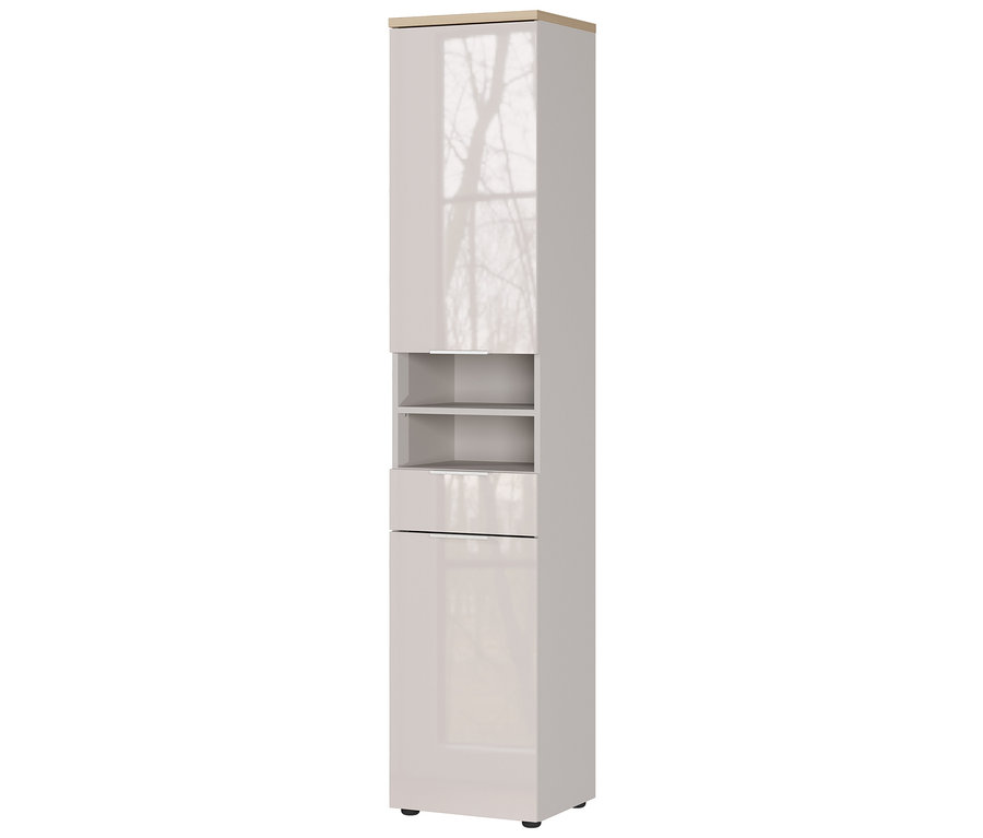 Ein hochglänzender, schmaler, grauer Badezimmerschrank mit einer Holzakzentoberseite, offenen Regalen und Schranktüren.