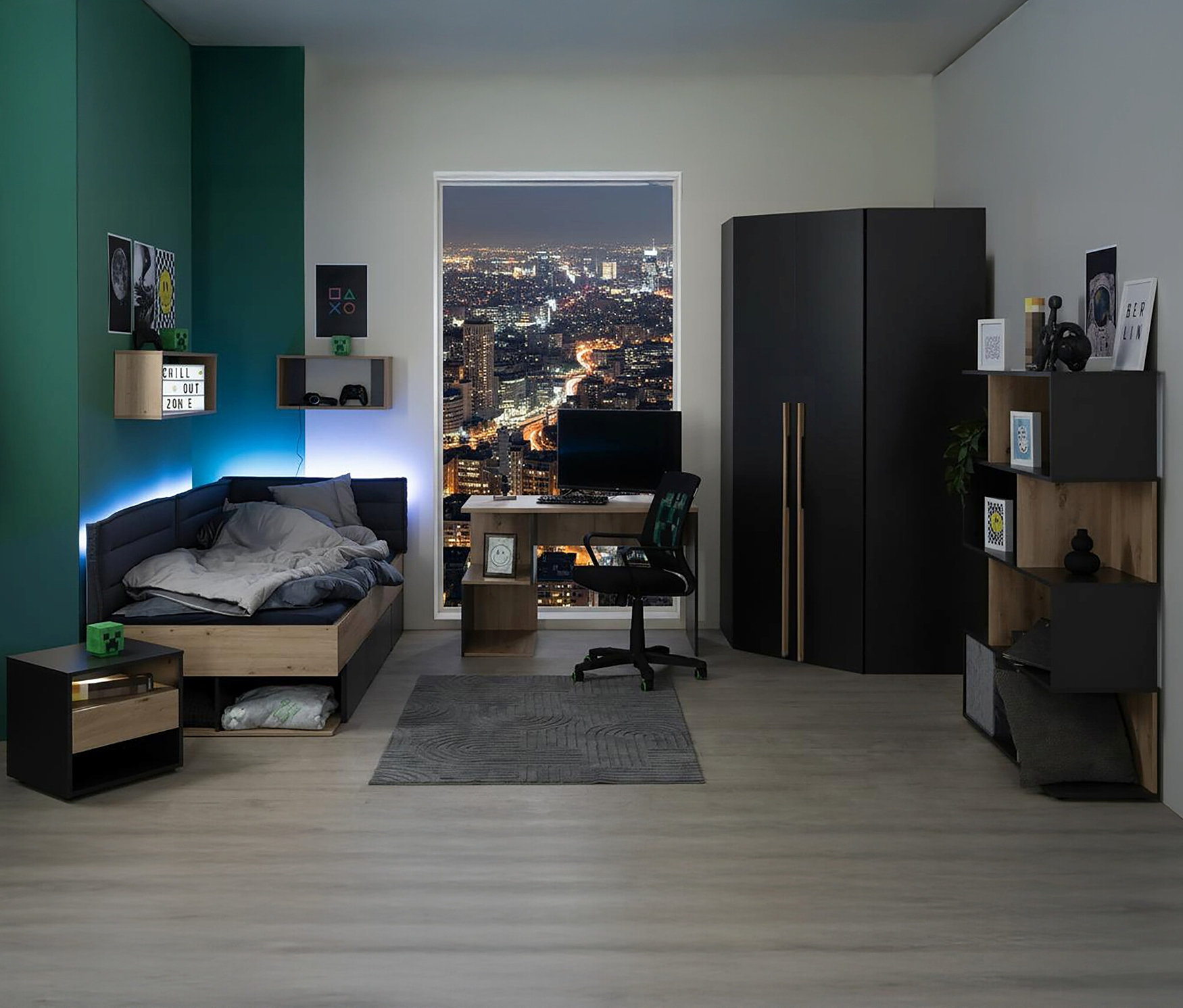 Ein Jugendzimmer mit einem Bett links, einem Schreibtisch in der Mitte und einem Roba Eckschrank »Marvin« rechts.