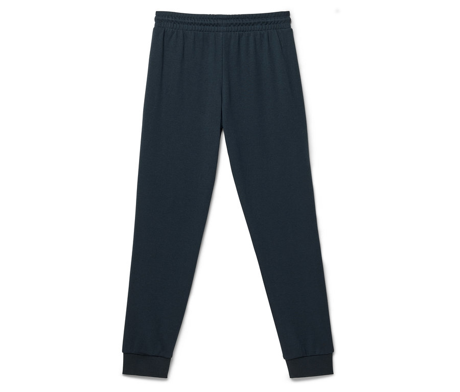 Dunkelblaue, lange Jogginghose mit Gummizugbund und Bündchen an den Knöcheln, flach auf einem weißen Hintergrund ausgelegt.