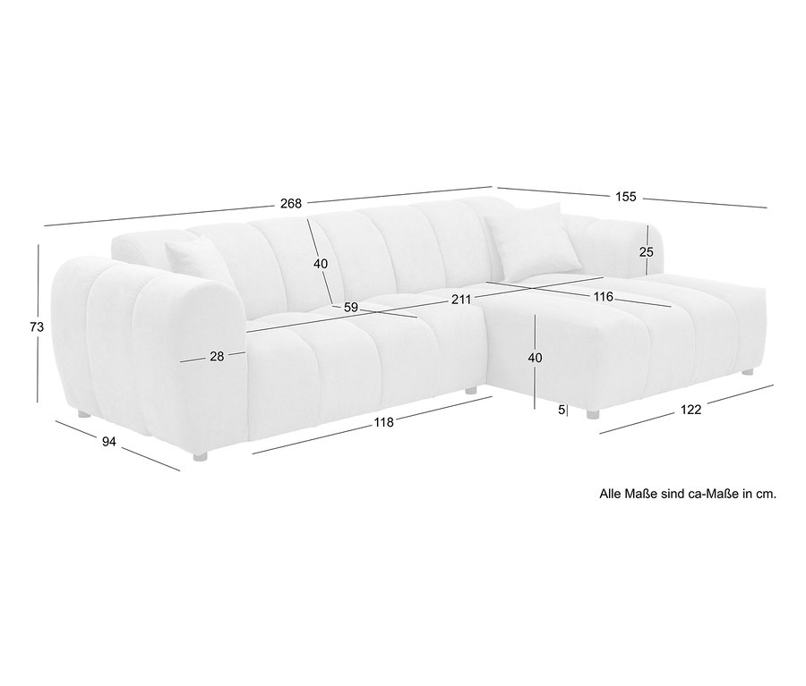 Abbildung eines weißen modularen Ecksofas mit Maßen in Zentimetern.