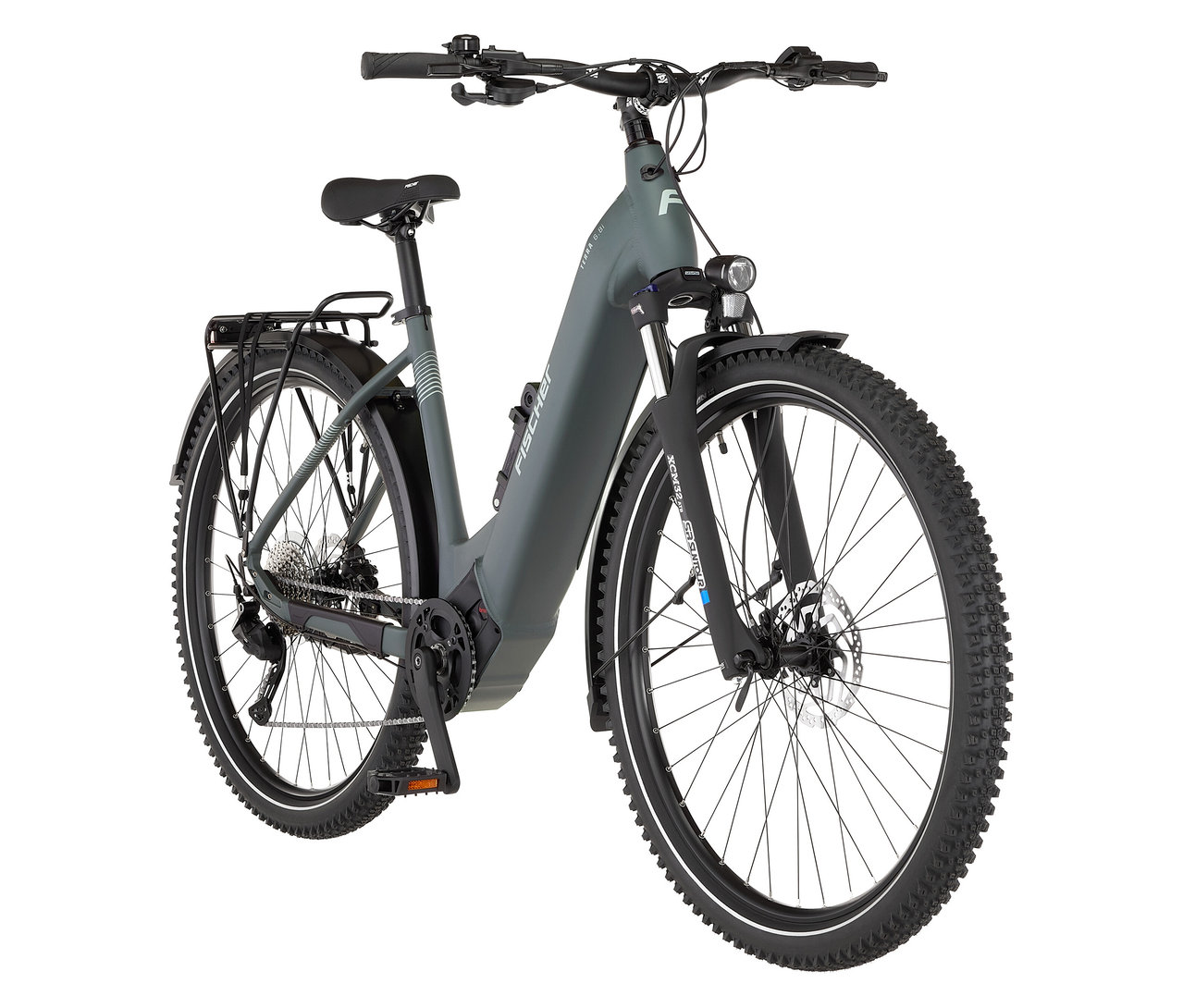 Graues FISCHER ATB E-Bike TERRA 6.8i ULTIMATE mit Wave Rahmen.