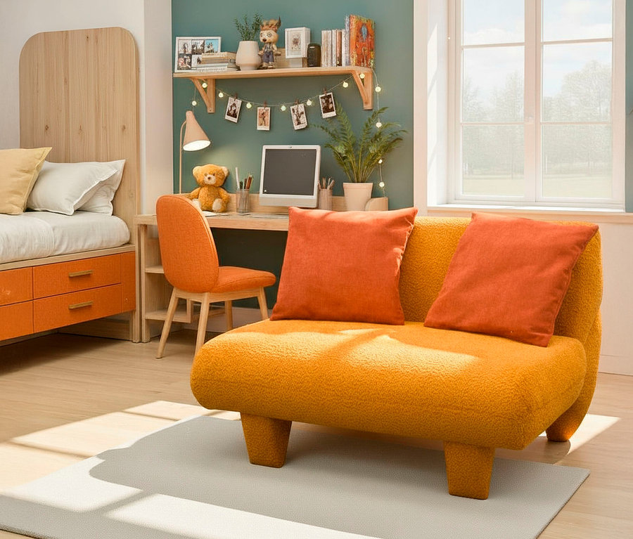 Oranges Domo Sofa »Alicante« mit zwei orangefarbenen Kissen steht auf einem grauen Teppich.