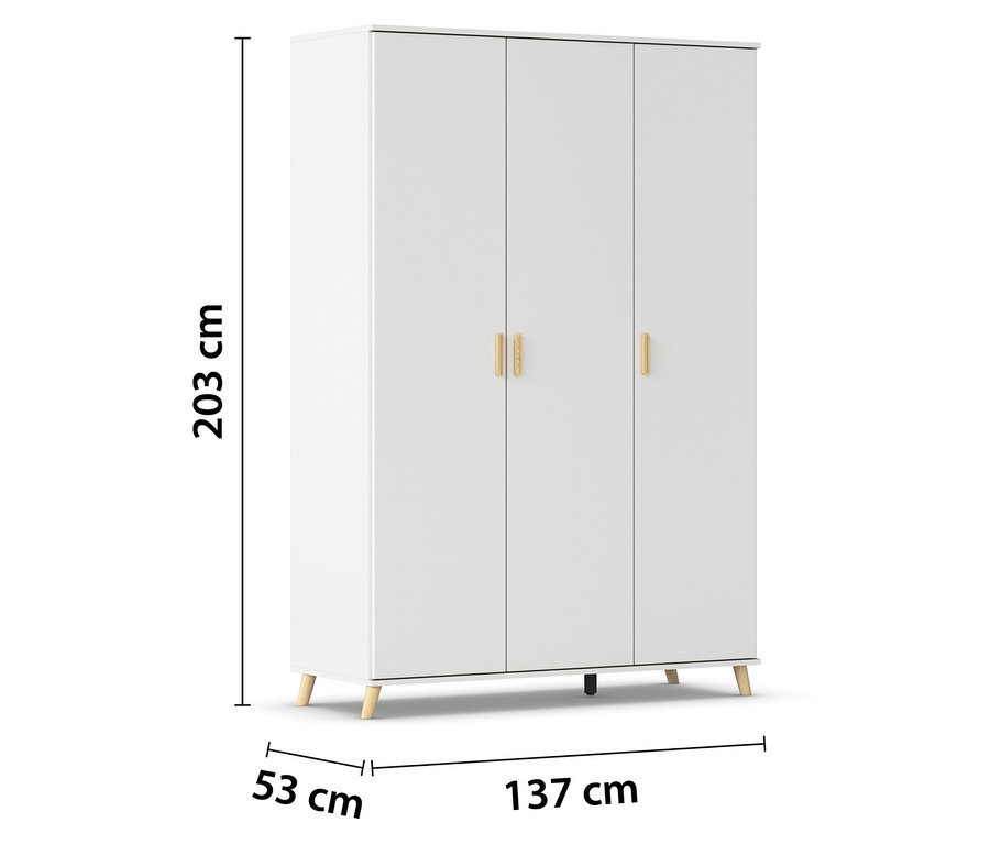 Weißer Kleiderschrank mit drei Türen und hellbraunen Griffen und Füßen.