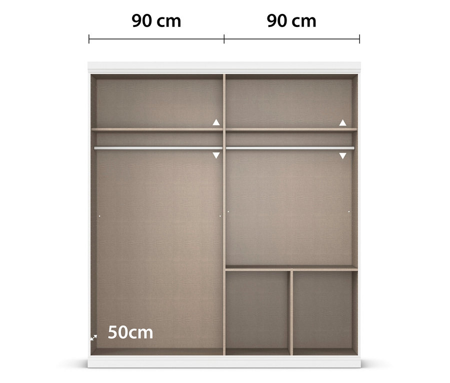 Innenansicht eines weißen Kleiderschranks mit Schiebetüren, der 90 cm breit und 50 cm tief ist.