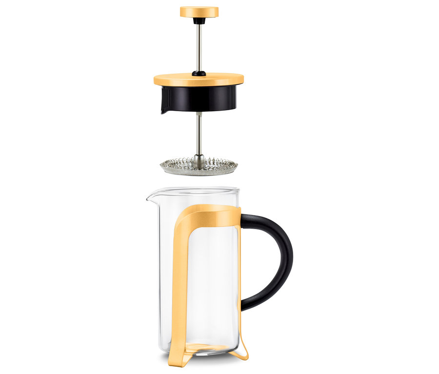 Eine auseinandergebaute, durchsichtige Kaffeepresse mit gelbem Rahmen und schwarzem Griff ist vor einem weißen Hintergrund zu sehen.