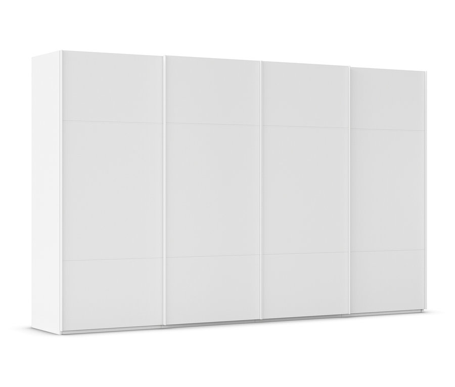 Weißer Schiebetürenschrank mit acht Paneelen, vier Türen und horizontalen Teilungen.