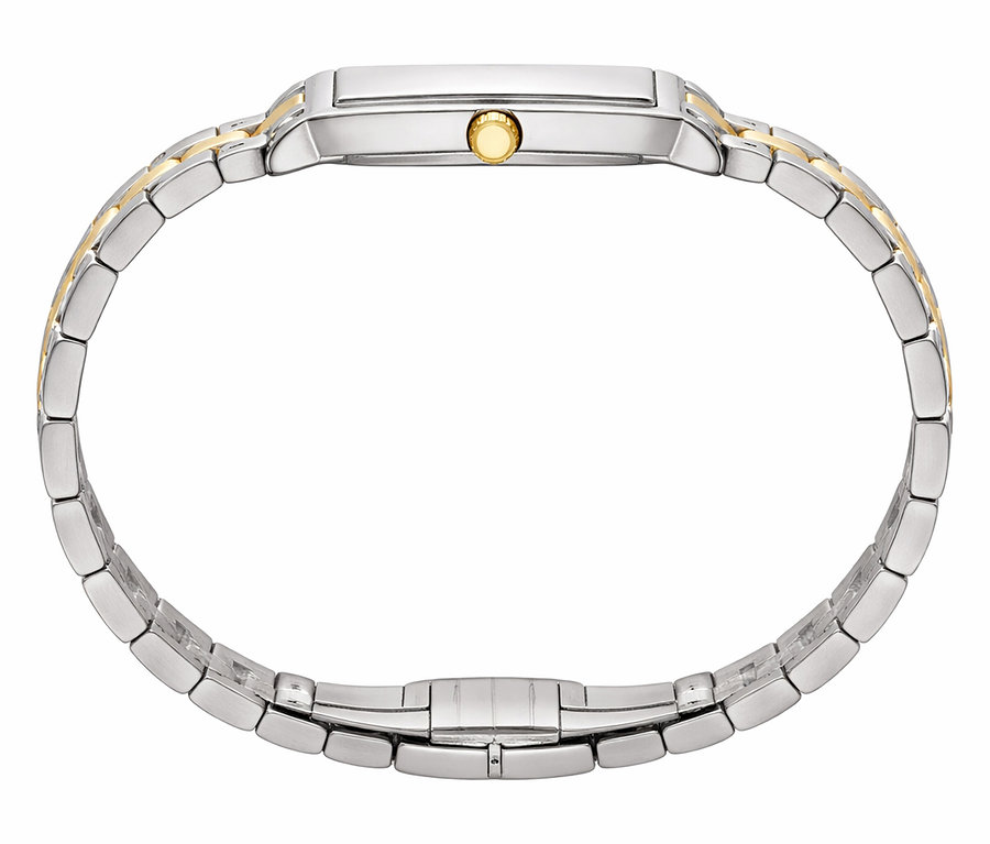 Nahaufnahme der Kienzle Uhr »Bella Classica«, bicolor, die im Kreis liegt und das Armband und das silberne Gehäuse zeigt.