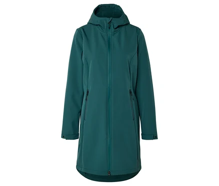 Grüne, lange Softshelljacke mit Kapuze und Reißverschluss vorne.