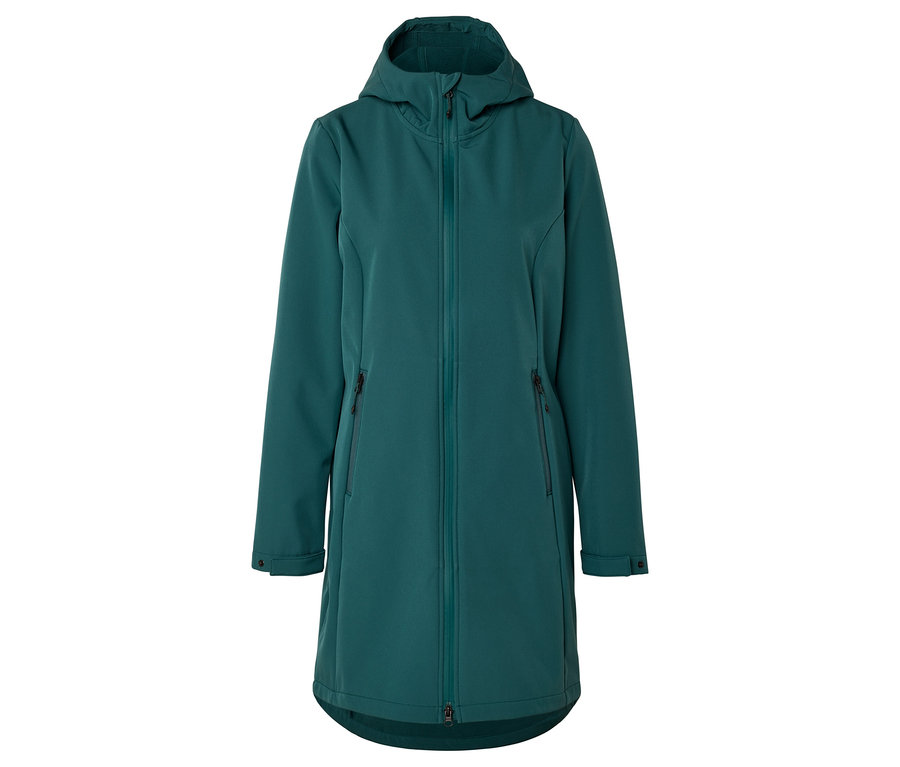 Grüne, lange Softshelljacke mit Kapuze und Reißverschluss vorne.