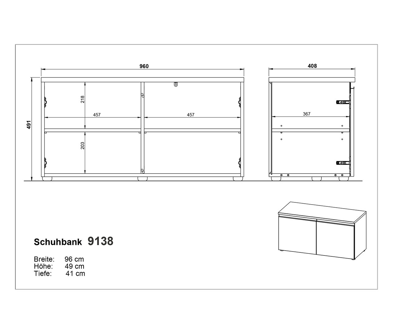 Technische Zeichnung der Schuhbank »Cormano« mit Breiten-, Höhen- und Tiefenangaben in Zentimetern. Ansicht der Bank von vorn, von der Seite und perspektivisch.