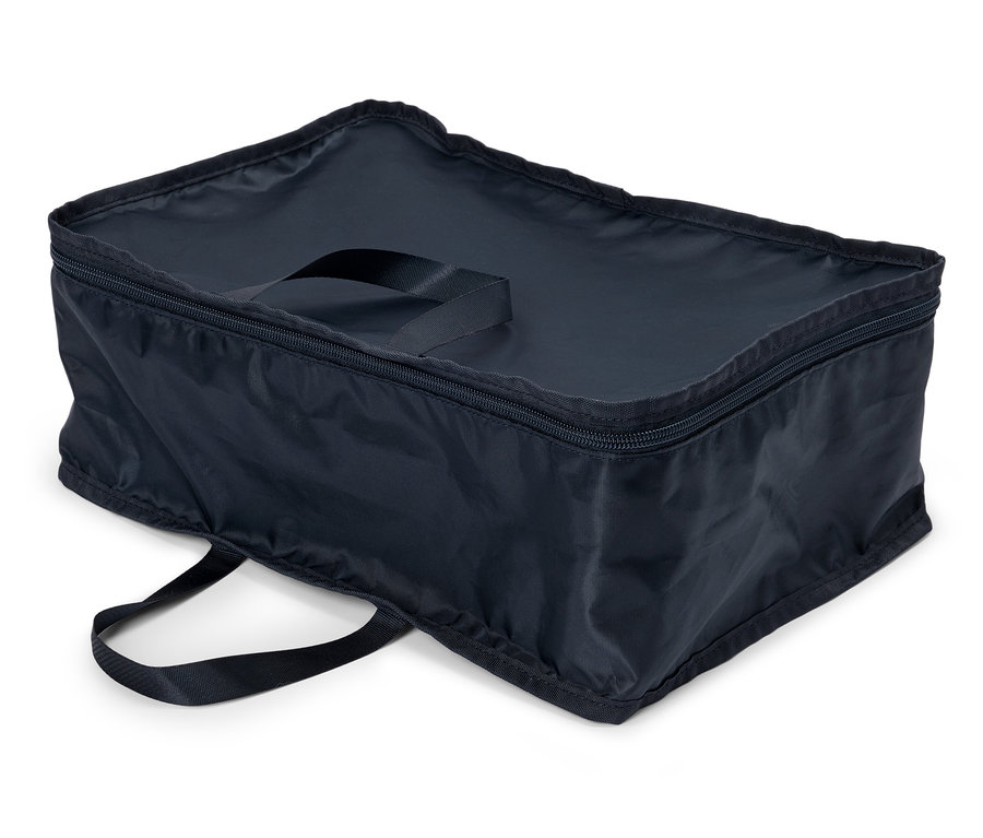 Eine rechteckige, marineblaue Aufbewahrungstasche mit Reißverschluss und Tragegriffen liegt auf einer weißen Oberfläche.
