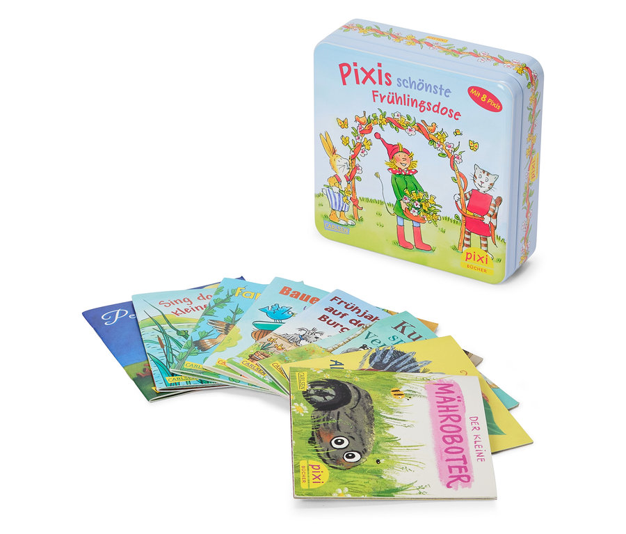 Eine Dose mit dem Aufdruck "Pixis schönste Frühlingsdose" steht über einer Fächeranordnung von Pixi-Büchern.