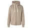 Beige Kapuzenjacke mit Reißverschluss und Kordelzug.