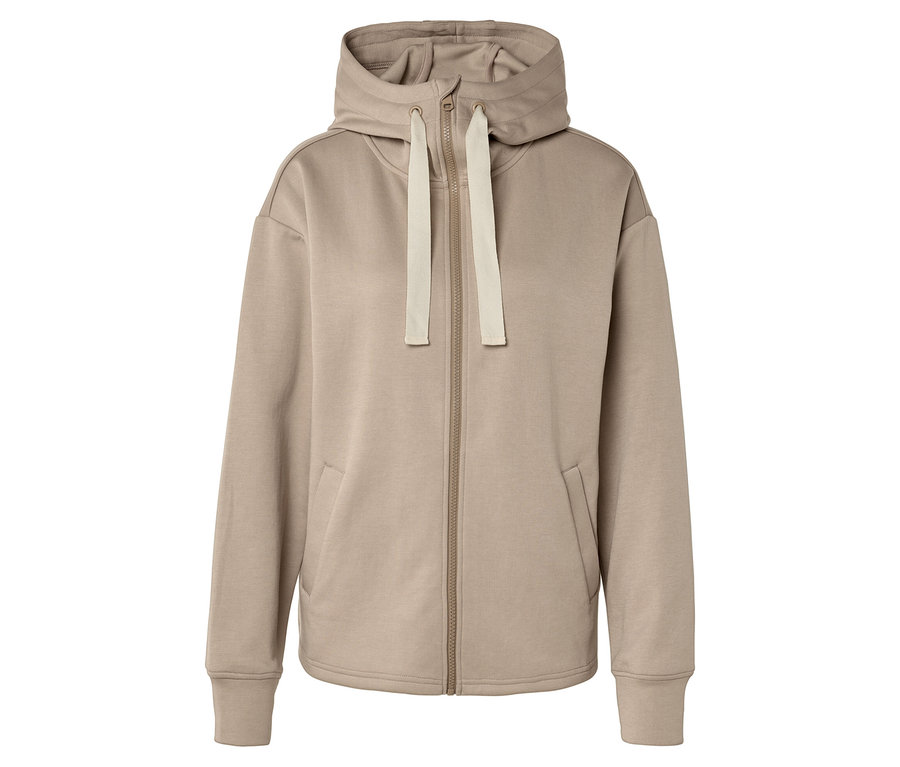 Beige Kapuzenjacke mit Reißverschluss und Kordelzug.