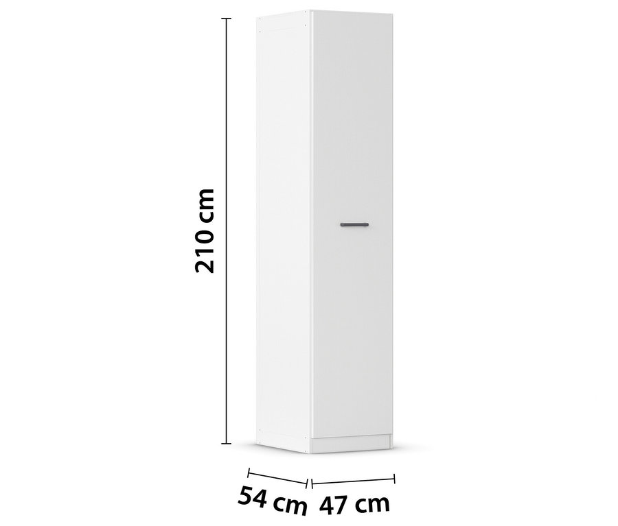 Weißer, schmaler, 210 cm hoher Schrank mit einer Tür und einem horizontalen Griff.