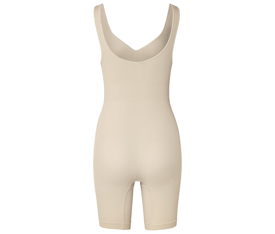 Beiger, ärmelloser Bodysuit mit V-Ausschnitt und kurzen Hosenbeinen.
