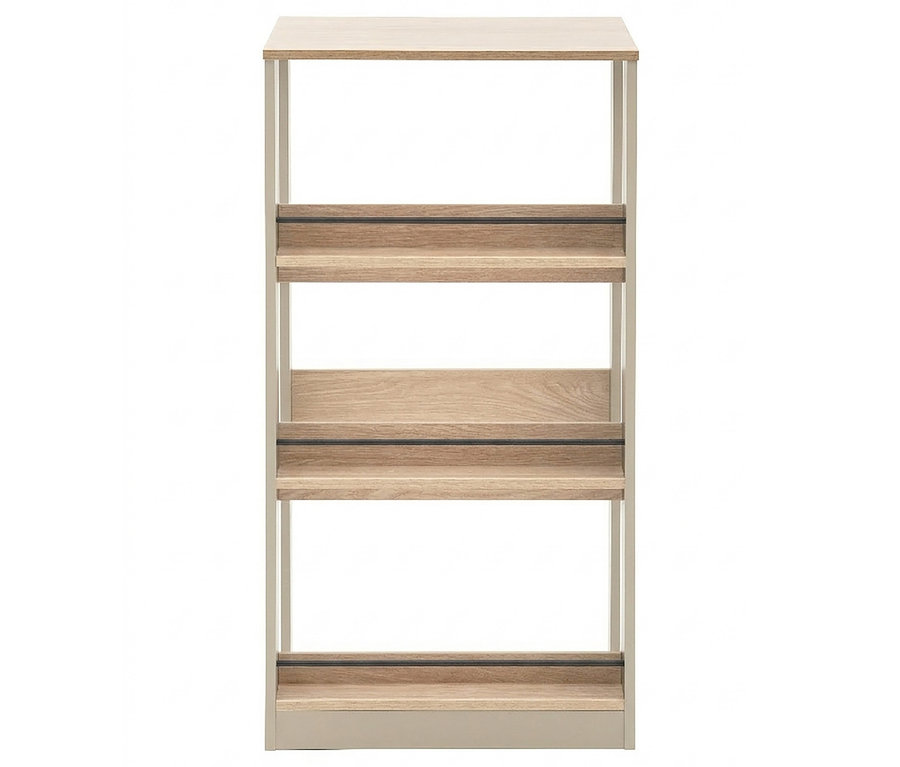Der cremebeige Stehtisch »Kolari« hat vier Regalböden mit hellbraunen Holzdetails.