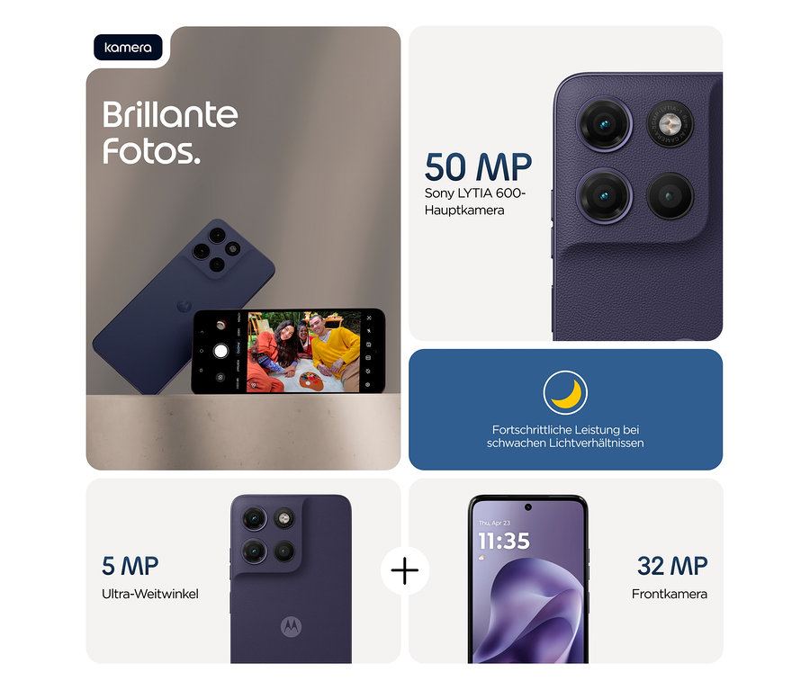 Das Motorola moto g17 LTE in Evening Blue zeigt Kamerafunktionen mit Beispielbildern.