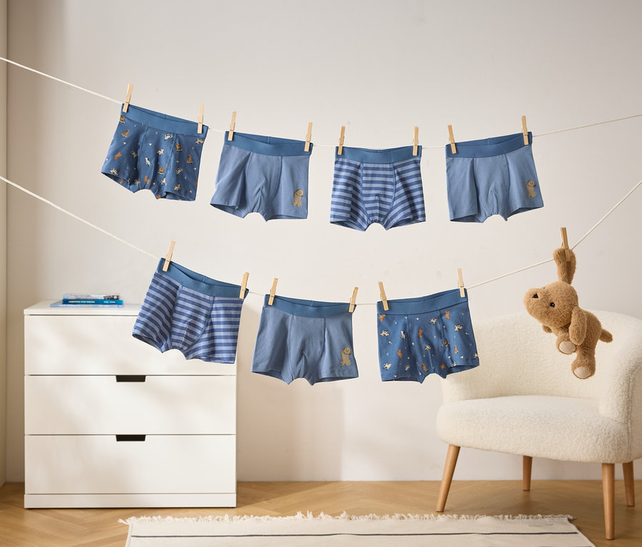Sieben blaue Kinder-Boxershorts, teils unifarben, teils gestreift und teils mit Tiermotiven, hängen mit Wäscheklammern an zwei Wäscheleinen. Ein braunes Plüschtier hängt an der unteren Leine. Links steht eine weiße Kommode, rechts ein weißer flauschiger Sessel.