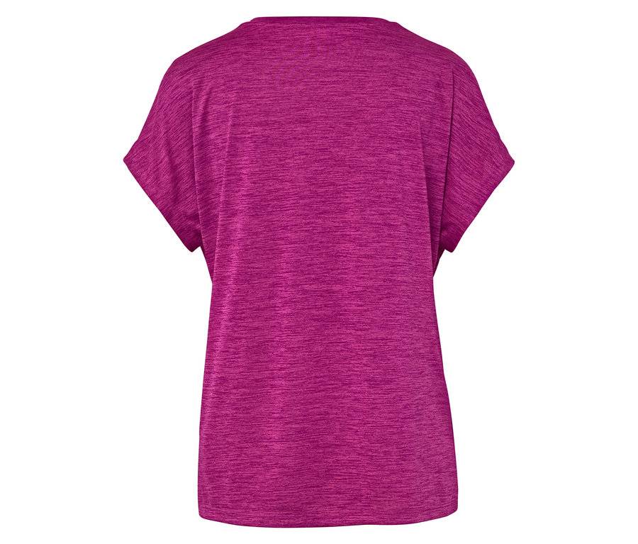 Rückansicht eines melierten, kurzärmeligen, pinkfarbenen T-Shirts.