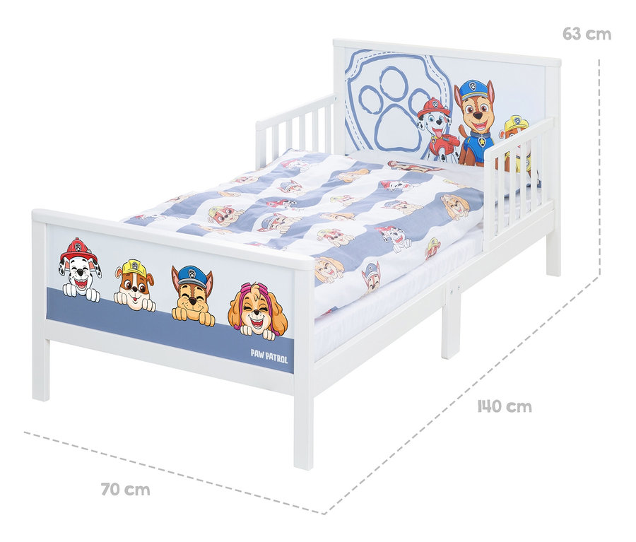 Weißes Kinderbett mit Paw Patrol Figuren und Maßen.