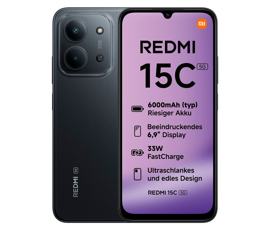 Xiaomi Redmi 15C 5G 128 GB in Midnight Black, Vorder- und Rückseite sind sichtbar.