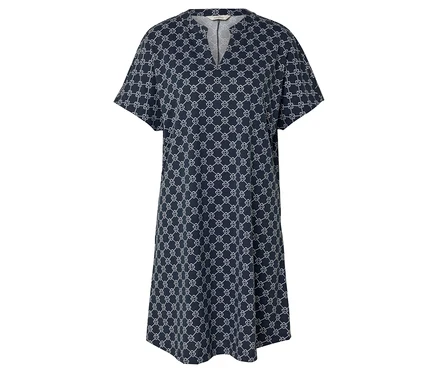 Ein dunkelblaues Kleid mit einem weißen, sich wiederholenden Muster.