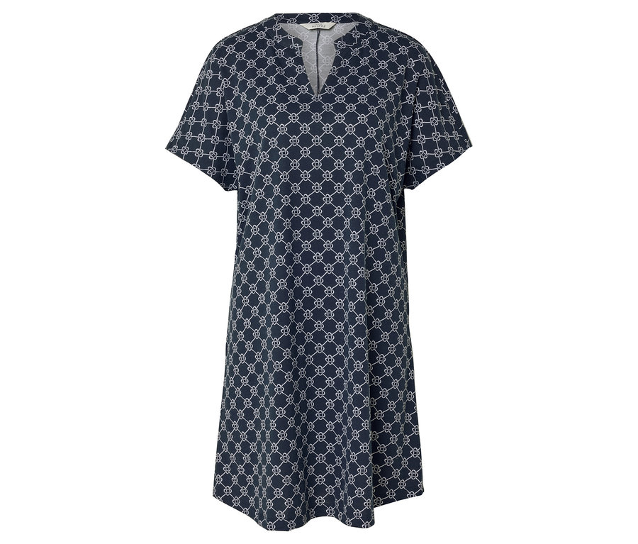 Ein dunkelblaues Kleid mit einem weißen, sich wiederholenden Muster.