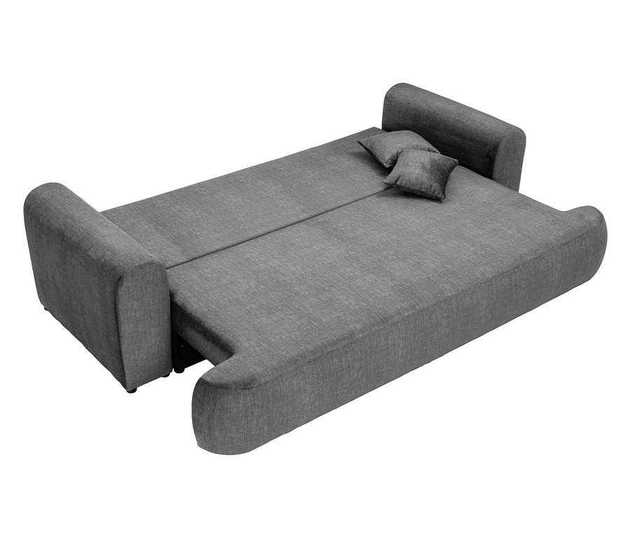 Ausgeklapptes graues Schlafsofa mit zwei kleinen Kissen.