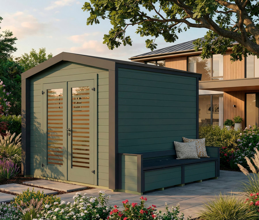 Ein grünes Gartenhaus mit Doppeltür und einer Bank mit Kissen davor.