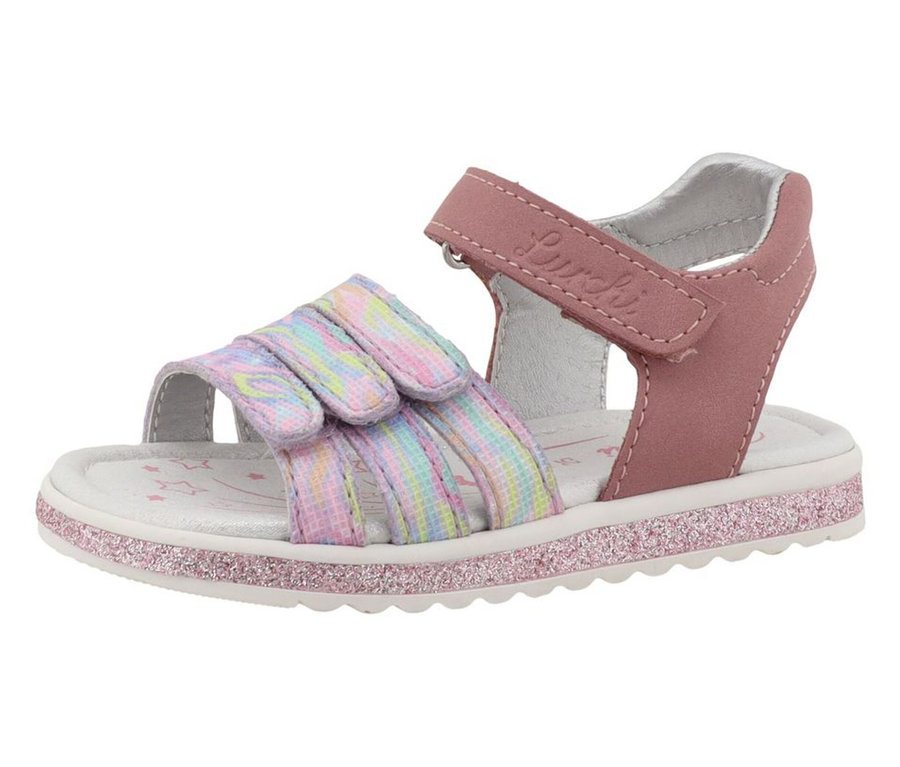 LURCHI Mädchen-Sandalen »Cimbaly 2« in Rosa mit pastellfarbenen Regenbogenriemen und einer Sohle mit rosa Glitzerrand.