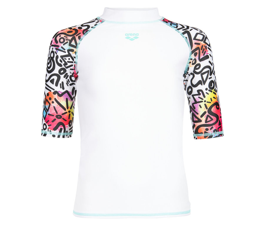 Weißes Arena-Langarmshirt mit bunten Mustern auf den Ärmeln.
