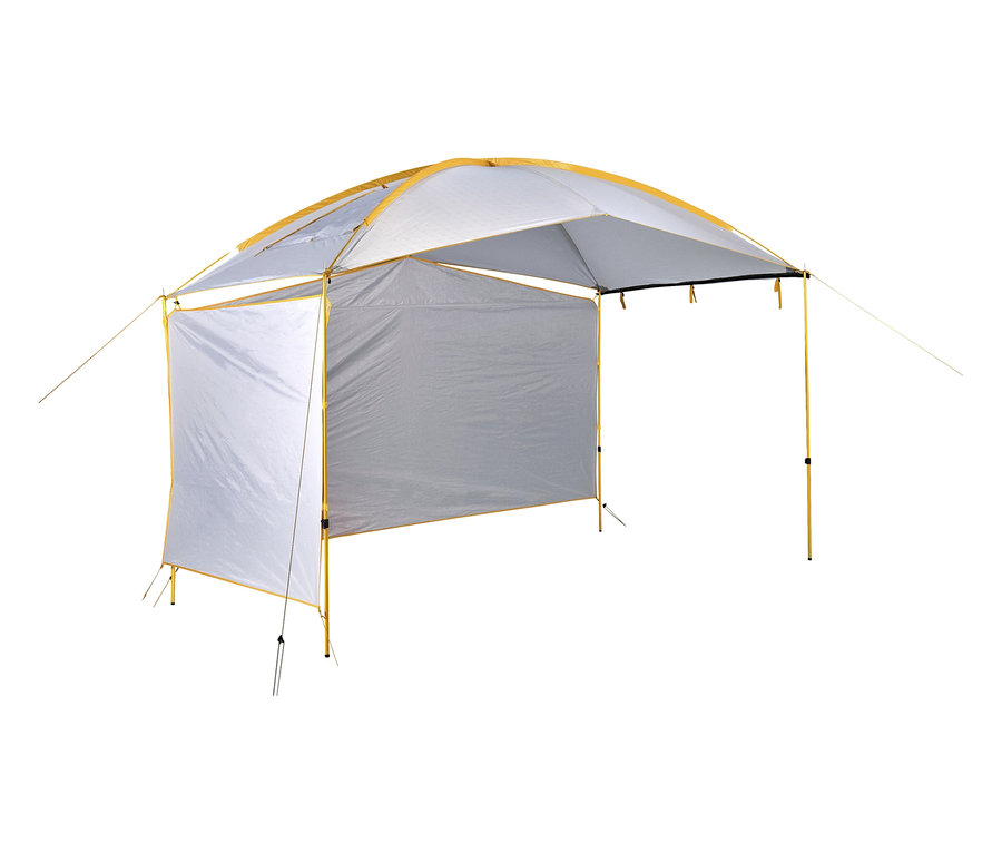 Aufgebautes, graues Tambu Sonnensegel »BASANT« mit gelbem Gestänge und zwei Seitenwänden vor weißem Hintergrund.