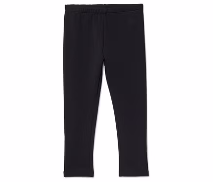 Schwarze Leggings mit elastischem Bund liegen auf einem weißen Hintergrund.