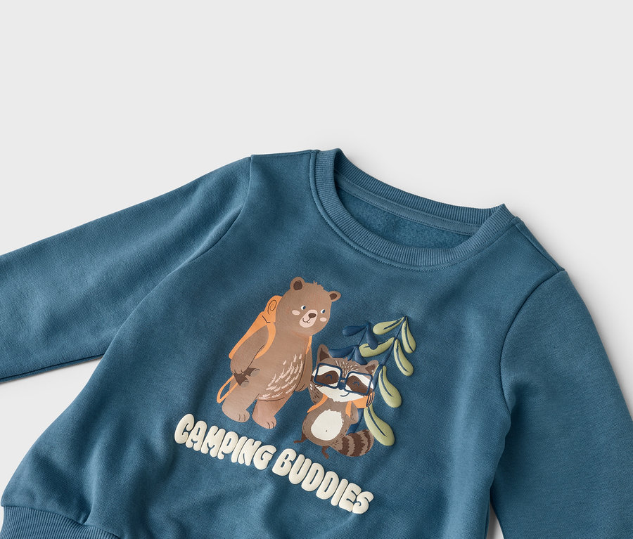 Blaues Sweatshirt mit Bär und Waschbär mit Rucksäcken und dem Schriftzug "Camping Buddies".