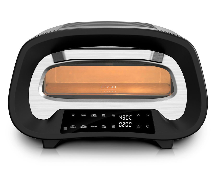 Nahaufnahme eines schwarzen Caso Design Pizzaofens mit digitaler Anzeige, die 430°C und 02:00 anzeigt.