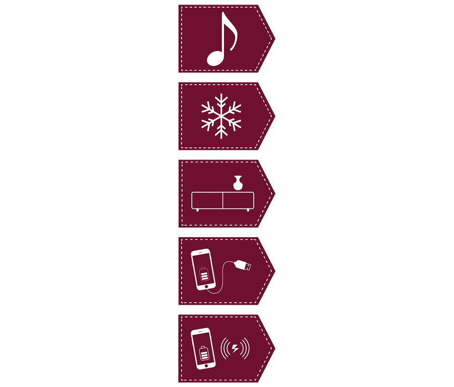 Pfeilsymbole zeigen Musiknote, Schneeflocke, Schrank, Smartphone mit Ladekabel und kabelloses Laden.