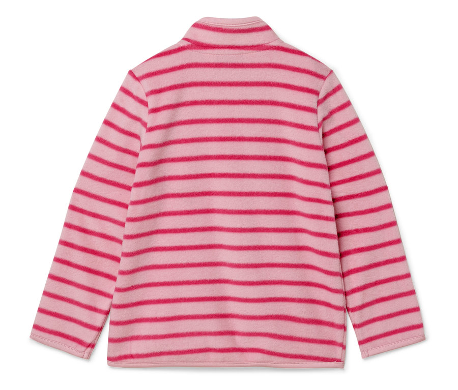 Rückansicht eines rosa-rot gestreiften Fleece-Pullovers mit Kragen.