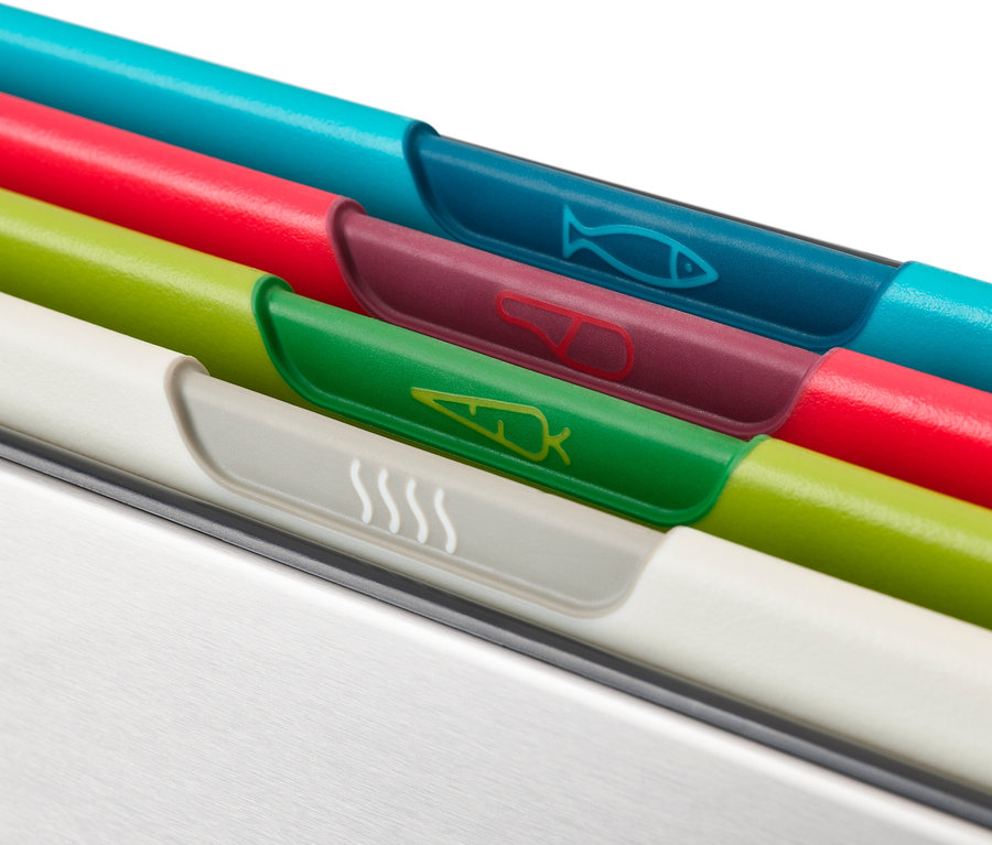 Nahaufnahme von farbcodierten Schneidebrettern mit Fisch-, Fleisch-, Gemüse- und Kochsymbolen.